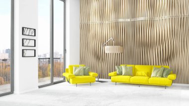 Yepyeni beyaz çatı katı yatak odası en az stil iç tasarım boşaltmak duvar ve görünümü penceresi dışında. 3D render.