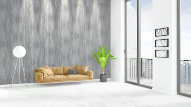 Yepyeni beyaz çatı katı yatak odası en az stil iç tasarım boşaltmak duvar ve görünümü penceresi dışında. 3D render.