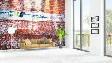 Yepyeni beyaz çatı katı yatak odası en az stil iç tasarım boşaltmak duvar ve görünümü penceresi dışında. 3D render.