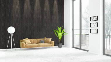 Yepyeni beyaz çatı katı yatak odası en az stil iç tasarım boşaltmak duvar ve görünümü penceresi dışında. 3D render.