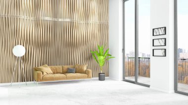 Yepyeni beyaz çatı katı yatak odası en az stil iç tasarım boşaltmak duvar ve görünümü penceresi dışında. 3D render.