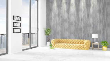 Yepyeni beyaz çatı katı yatak odası en az stil iç tasarım boşaltmak duvar ve görünümü penceresi dışında. 3D render.