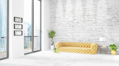 Yepyeni beyaz çatı katı yatak odası en az stil iç tasarım boşaltmak duvar ve görünümü penceresi dışında. 3D render.