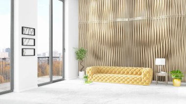 Yepyeni beyaz çatı katı yatak odası en az stil iç tasarım boşaltmak duvar ve görünümü penceresi dışında. 3D render.