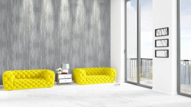 Yepyeni beyaz çatı katı yatak odası en az stil iç tasarım boşaltmak duvar ve görünümü penceresi dışında. 3D render.