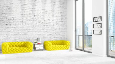 Yepyeni beyaz çatı katı yatak odası en az stil iç tasarım boşaltmak duvar ve görünümü penceresi dışında. 3D render.