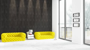 Yepyeni beyaz çatı katı yatak odası en az stil iç tasarım boşaltmak duvar ve görünümü penceresi dışında. 3D render.