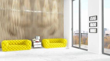 Yepyeni beyaz çatı katı yatak odası en az stil iç tasarım boşaltmak duvar ve görünümü penceresi dışında. 3D render.