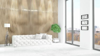 Yepyeni beyaz çatı katı yatak odası en az stil iç tasarım boşaltmak duvar ve görünümü penceresi dışında. 3D render.