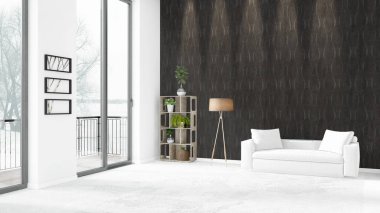 Yepyeni beyaz çatı katı yatak odası en az stil iç tasarım boşaltmak duvar ve görünümü penceresi dışında. 3D render.