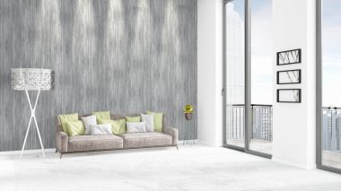 Yepyeni beyaz çatı katı yatak odası en az stil iç tasarım boşaltmak duvar ve görünümü penceresi dışında. 3D render.