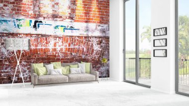 Yepyeni beyaz çatı katı yatak odası en az stil iç tasarım boşaltmak duvar ve görünümü penceresi dışında. 3D render.