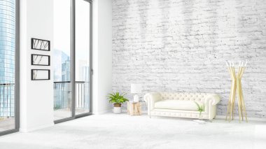 Yepyeni beyaz çatı katı yatak odası en az stil iç tasarım boşaltmak duvar ve görünümü penceresi dışında. 3D render.