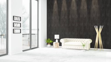 Yepyeni beyaz çatı katı yatak odası en az stil iç tasarım boşaltmak duvar ve görünümü penceresi dışında. 3D render.