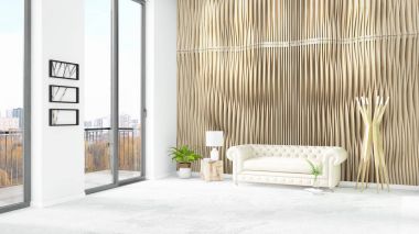 Yepyeni beyaz çatı katı yatak odası en az stil iç tasarım boşaltmak duvar ve görünümü penceresi dışında. 3D render.