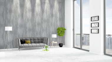 Yepyeni beyaz çatı katı yatak odası en az stil iç tasarım boşaltmak duvar ve görünümü penceresi dışında. 3D render.