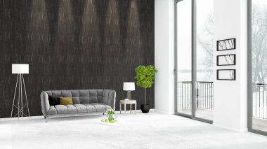 Yepyeni beyaz çatı katı yatak odası en az stil iç tasarım boşaltmak duvar ve görünümü penceresi dışında. 3D render.