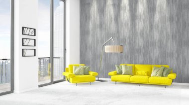 Yepyeni beyaz çatı katı yatak odası en az stil iç tasarım boşaltmak duvar ve görünümü penceresi dışında. 3D render.