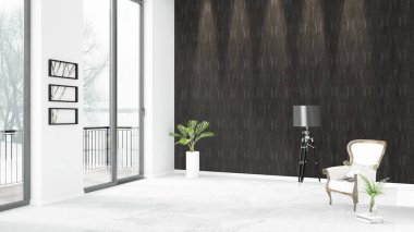 Yepyeni beyaz çatı katı yatak odası en az stil iç tasarım boşaltmak duvar ve görünümü penceresi dışında. 3D render.