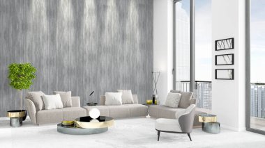 Yepyeni beyaz çatı katı yatak odası en az stil iç tasarım boşaltmak duvar ve görünümü penceresi dışında. 3D render.