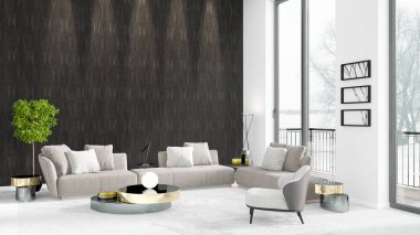 Yepyeni beyaz çatı katı yatak odası en az stil iç tasarım boşaltmak duvar ve görünümü penceresi dışında. 3D render.