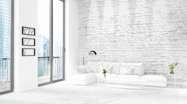 Yepyeni beyaz çatı katı yatak odası en az stil iç tasarım boşaltmak duvar ve görünümü penceresi dışında. 3D render.