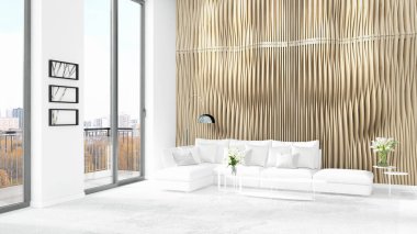 Yepyeni beyaz çatı katı yatak odası en az stil iç tasarım boşaltmak duvar ve görünümü penceresi dışında. 3D render.