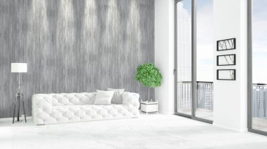 Yepyeni beyaz çatı katı yatak odası en az stil iç tasarım boşaltmak duvar ve görünümü penceresi dışında. 3D render.