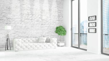 Yepyeni beyaz çatı katı yatak odası en az stil iç tasarım boşaltmak duvar ve görünümü penceresi dışında. 3D render.