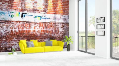 Yepyeni beyaz çatı katı yatak odası en az stil iç tasarım boşaltmak duvar ve görünümü penceresi dışında. 3D render.