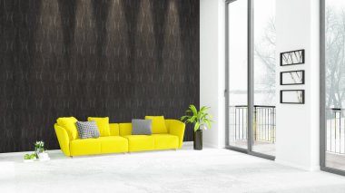 Yepyeni beyaz çatı katı yatak odası en az stil iç tasarım boşaltmak duvar ve görünümü penceresi dışında. 3D render.