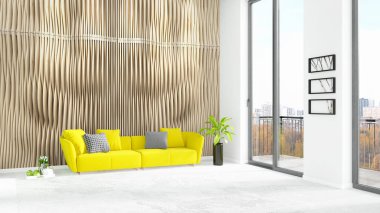 Yepyeni beyaz çatı katı yatak odası en az stil iç tasarım boşaltmak duvar ve görünümü penceresi dışında. 3D render.