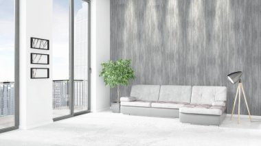 Yepyeni beyaz çatı katı yatak odası en az stil iç tasarım boşaltmak duvar ve görünümü penceresi dışında. 3D render.