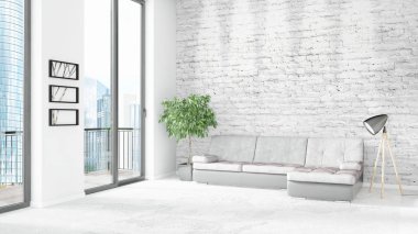 Yepyeni beyaz çatı katı yatak odası en az stil iç tasarım boşaltmak duvar ve görünümü penceresi dışında. 3D render.