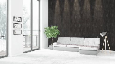 Yepyeni beyaz çatı katı yatak odası en az stil iç tasarım boşaltmak duvar ve görünümü penceresi dışında. 3D render.