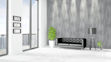 Yepyeni beyaz çatı katı yatak odası en az stil iç tasarım boşaltmak duvar ve görünümü penceresi dışında. 3D render.