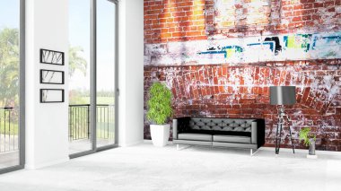 Yepyeni beyaz çatı katı yatak odası en az stil iç tasarım boşaltmak duvar ve görünümü penceresi dışında. 3D render.