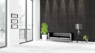 Yepyeni beyaz çatı katı yatak odası en az stil iç tasarım boşaltmak duvar ve görünümü penceresi dışında. 3D render.