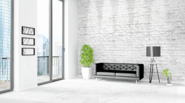 Yepyeni beyaz çatı katı yatak odası en az stil iç tasarım boşaltmak duvar ve görünümü penceresi dışında. 3D render.