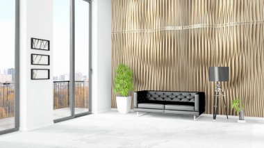 Yepyeni beyaz çatı katı yatak odası en az stil iç tasarım boşaltmak duvar ve görünümü penceresi dışında. 3D render.