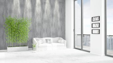 Yepyeni beyaz çatı katı yatak odası en az stil iç tasarım boşaltmak duvar ve görünümü penceresi dışında. 3D render.