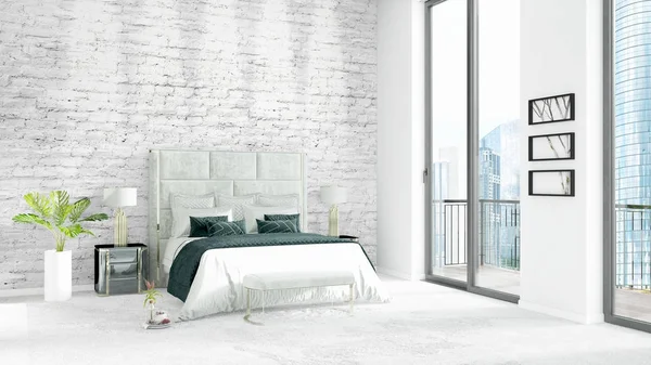Yepyeni beyaz çatı katı yatak odası en az stil iç tasarım boşaltmak duvar ve görünümü penceresi dışında. 3D render.