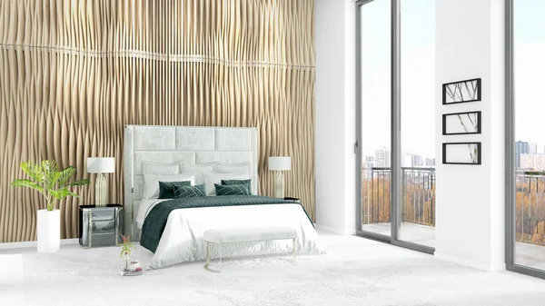 Yepyeni beyaz çatı katı yatak odası en az stil iç tasarım boşaltmak duvar ve görünümü penceresi dışında. 3D render.