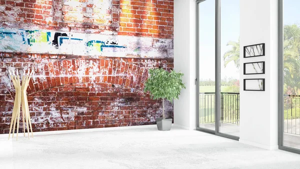 Yepyeni beyaz çatı katı yatak odası en az stil iç tasarım boşaltmak duvar ve görünümü penceresi dışında. 3D render.