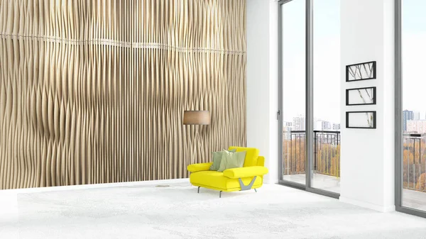 Yepyeni beyaz çatı katı yatak odası en az stil iç tasarım boşaltmak duvar ve görünümü penceresi dışında. 3D render.