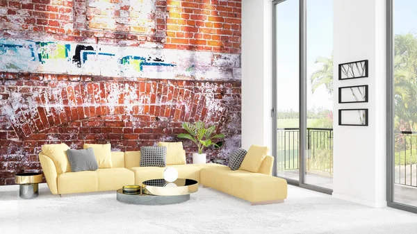 Yepyeni beyaz çatı katı yatak odası en az stil iç tasarım boşaltmak duvar ve görünümü penceresi dışında. 3D render.