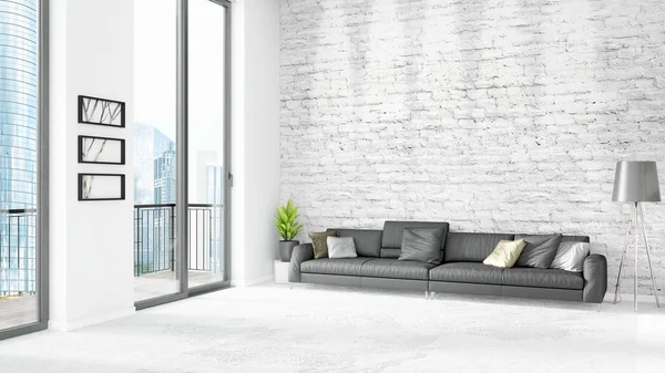 Yepyeni beyaz çatı katı yatak odası en az stil iç tasarım boşaltmak duvar ve görünümü penceresi dışında. 3D render.