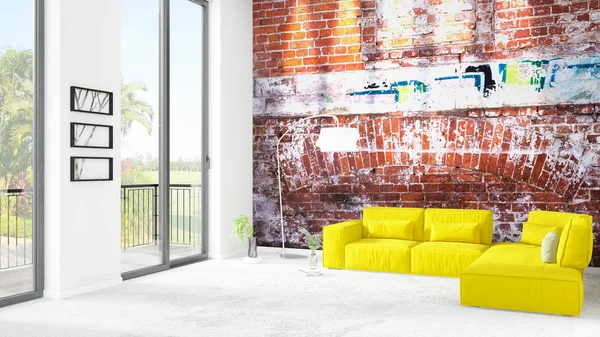 Yepyeni beyaz çatı katı yatak odası en az stil iç tasarım boşaltmak duvar ve görünümü penceresi dışında. 3D render.