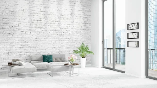 Yepyeni beyaz çatı katı yatak odası en az stil iç tasarım boşaltmak duvar ve görünümü penceresi dışında. 3D render.