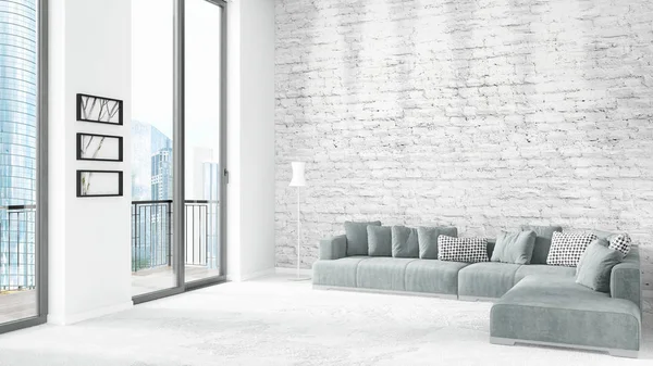 Marque nouvelle chambre grenier blanc design intérieur de style minimal avec mur d'copyspace et vue par la fenêtre. Rendu 3D . — Photo
